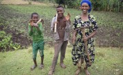 Mestawat Sorsa, pictured with her sons Abinet and Zekiyos near their home in Ethiopia. Following the death of her husband 7 years ago she says the family struggled to survive. Photo: Kieran McConville / Concern Worldwide. 