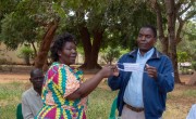 Chrisy Kumvula and Paul Chitsuro, demonstrating to participants on the proper use of masks. Malawi Photo: Henry Mhango