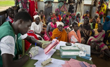 Concern Nutrition Assistant Simon is pictured leading a clinic session at a health clinic in South Sudan. Photo: Abbie Trayler-Smith