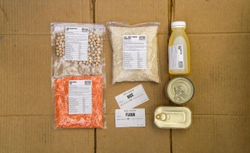 Rations including lentils, kidney beans, rice, oil, sardines and chickpeas