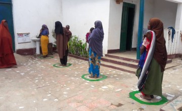In light of COVID-19, health facilities have implemented new measures to separate people while seeking services such as controlled patient pathways from one area to the next. A key feature has been to include ample hand washing stations. Concern's partner, SHACDO has been raising awareness about the importance of proper hand and cough hygiene in combination with demonstration hand washing classes for both staff and patients. Somalia. Photo: Concern Worldwide