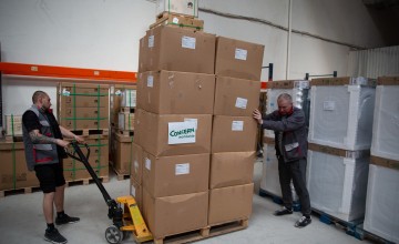 Humanitarian aid supplies arriving at a warehouse ready for distribution as part of the Ukraine emergency response. Photo: Kieran McConville/Concern Worldwide