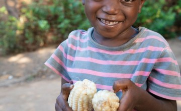 Frank (4) with some of her family’s maize from the harvest. Her parents, Agnes Lucius Jombo bought their seeds for this farming season from Concern Worldwide, Kapusi Village, Nsanje District. Photo: Chris Gagnon/Concern Worldwide