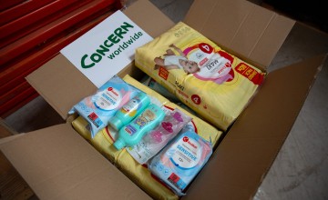 A baby care kit at a warehouse in Ukraine, ready for distribution. Photo: Kieran McConville/Concern Worldwide