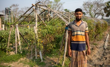 Esanuel on his farm where he uses a number of climate smart agriculture techniques. Photo: Gavin Douglas