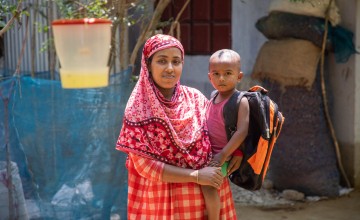 Hosenare Aktar employs a lot of climate-smart agriculture like growing in bags and making compost and growing on elevated terraces. Photo: Gavin Douglas