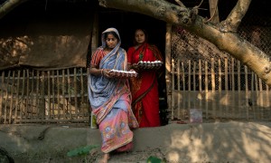 Kobita Sardar and her daughter-in-law collect eggs that hatched on her chicken farm. Keeping some for the family, they will sell the rest in the local market in Botbunia, Tildanga, Dacope. Photo: Mumit M/Concern Worldwide