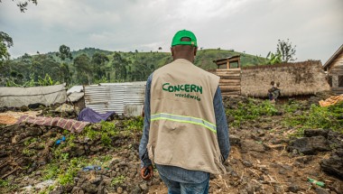 Concern staff check the progress of the latrine construction in the Mungote refugee camp, DRC