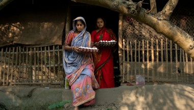 Kobita Sardar and her daughter-in-law collect eggs that hatched on her chicken farm. Keeping some for the family, they will sell the rest in the local market in Botbunia, Tildanga, Dacope. Photo: Mumit M/Concern Worldwide