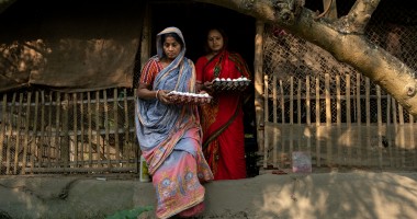 Kobita Sardar and her daughter-in-law collect eggs that hatched on her chicken farm. Keeping some for the family, they will sell the rest in the local market in Botbunia, Tildanga, Dacope. Photo: Mumit M/Concern Worldwide