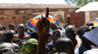 Jean-Marie Mbonimpa (30) has just received news at a public meeting held outside Muhuzu primary school in Busoni that he has been selected to take part in a new phase of Concern’s graduation programme. Photo: Chris de Bode/Panos Pictures for Concern Worldwide