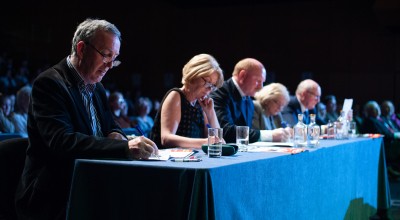 Adjudicators watch on as debate takes place. Photo: Camila Gomes/Concern Worldwide/May 2019