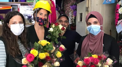 Concern staff Amani, Pauline and Sanaa buying flowers to distribute alongside the dignity and shelter kits to support the local community affected by the Beirut blast.Lebanon Photo: Pauline Coste / Concern Worldwide