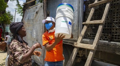 A distribution of hygiene material to help prevent the spread of COVID in Haiti