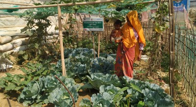 A woman stands in a vegetable garden holding her child