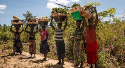 Women return from farmland with baskets of vegetables and firewood in the DRC. Photo: Hugh Kinsella Cunningham/Concern Worldwide