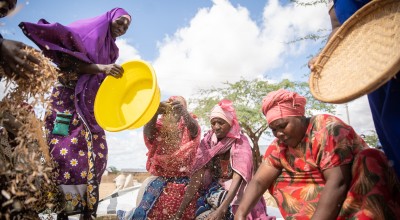 A group of farmers winnow mung beans in Makere village in Tana River County. From left to right: Hadija Hassan (L in purple) and Jazaka Salimu (R in red). Photo: Lisa Murray/Concern Worldwide