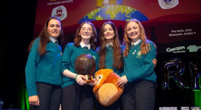 Concern Debates 2023 Champions from Largy College Deirdre Smith, Katie McCaffrey, Amy-Jo Kierans and Aoibhbeann McLoughlin holding their trophy and lucky mascot Sir Roger at The Helix, Dublin. Photo: Karen Morgan/Concern Worldwide