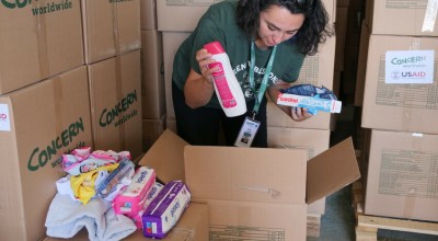 Concern Area manager, Ozge Celebi in a warehouse in Adiyaman, Turkiye. Photo: Eugene Ikua/Concern Worldwide