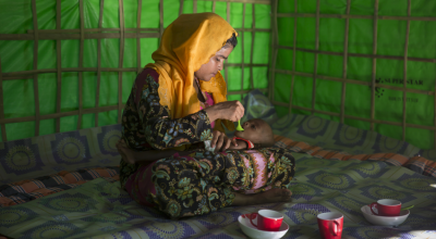 Seven month old Zamwil with his mother, Muzasa at Concern's Nutrition Support Centre in Moynadhona refugee camp in Bangladesh for Rohingya people from Myanmar. Photo: Kieran McConville