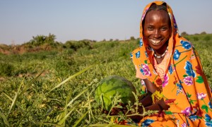 Mahadia Gamar (24) showcases her watermelon at her farm in Karo village. Photo: Eugene Ikua/Concern Worldwide